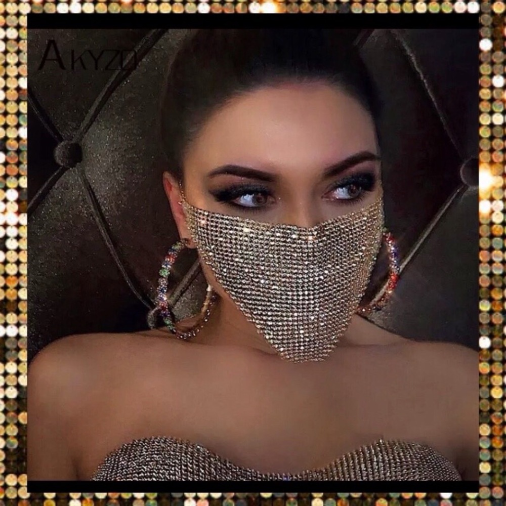 Clearance! Glam Gold crystal diamond chain dancer masquerade mask face costume